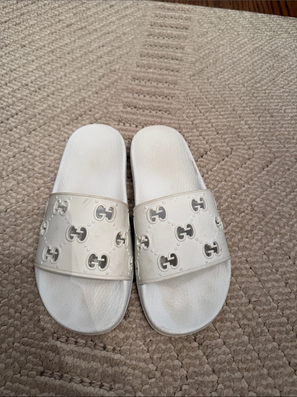 Gucci White Logo Slide Sandals with Silver Accents